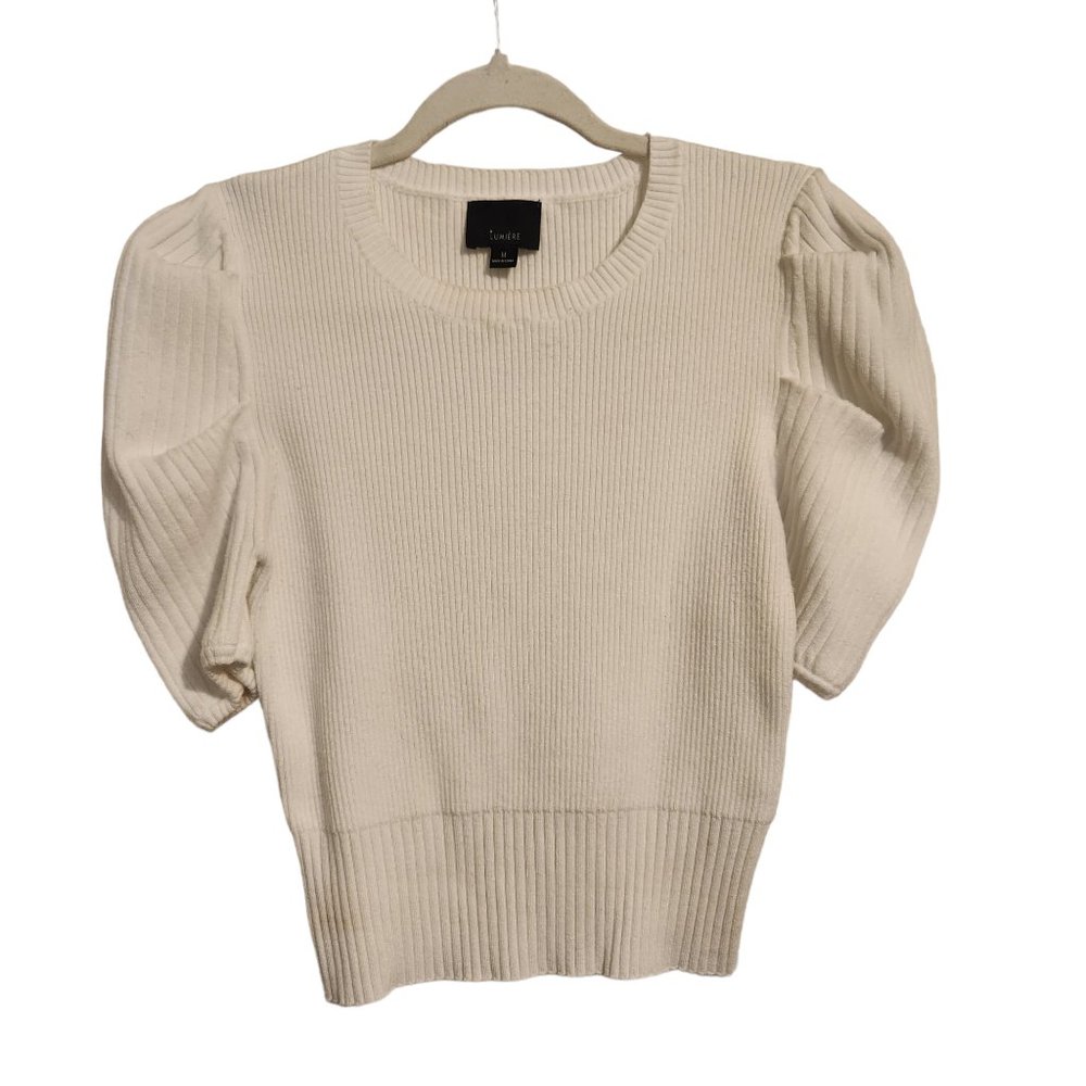 White Puff-Sleeve Ribbed Knit Tee - Lumiere Size M (Fits like a S) - Picture 5 of 10